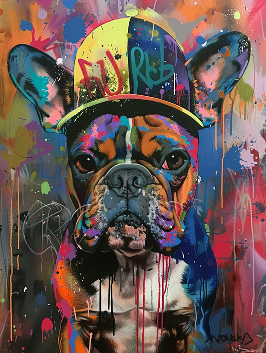 Colorful space Bulldog dog with a hat Expressive surreal Poster # F024527