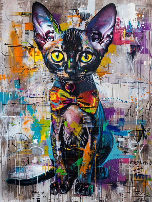 Colorful space Abyssinian cat with a bow tie Expressive surreal Poster # F024337