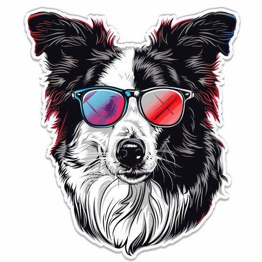 Border Collie Dog wearing sunglasses Expressive surreal Vinyl Decal Sticker for Car, Laptop, Tumbler and more # F021692-4" x 4"