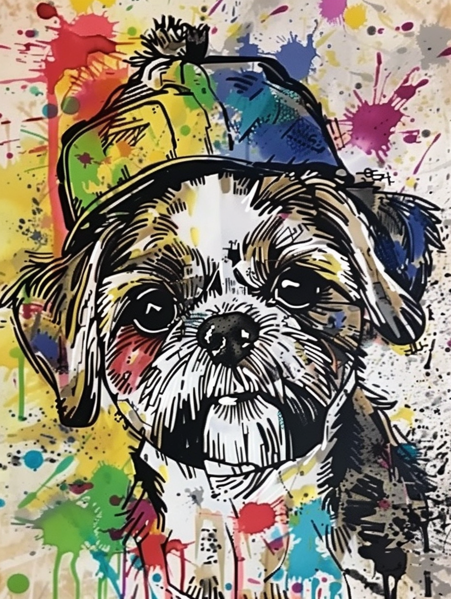 Colorful space Shih Tzu dog with a hat Expressive surreal Poster # F025093