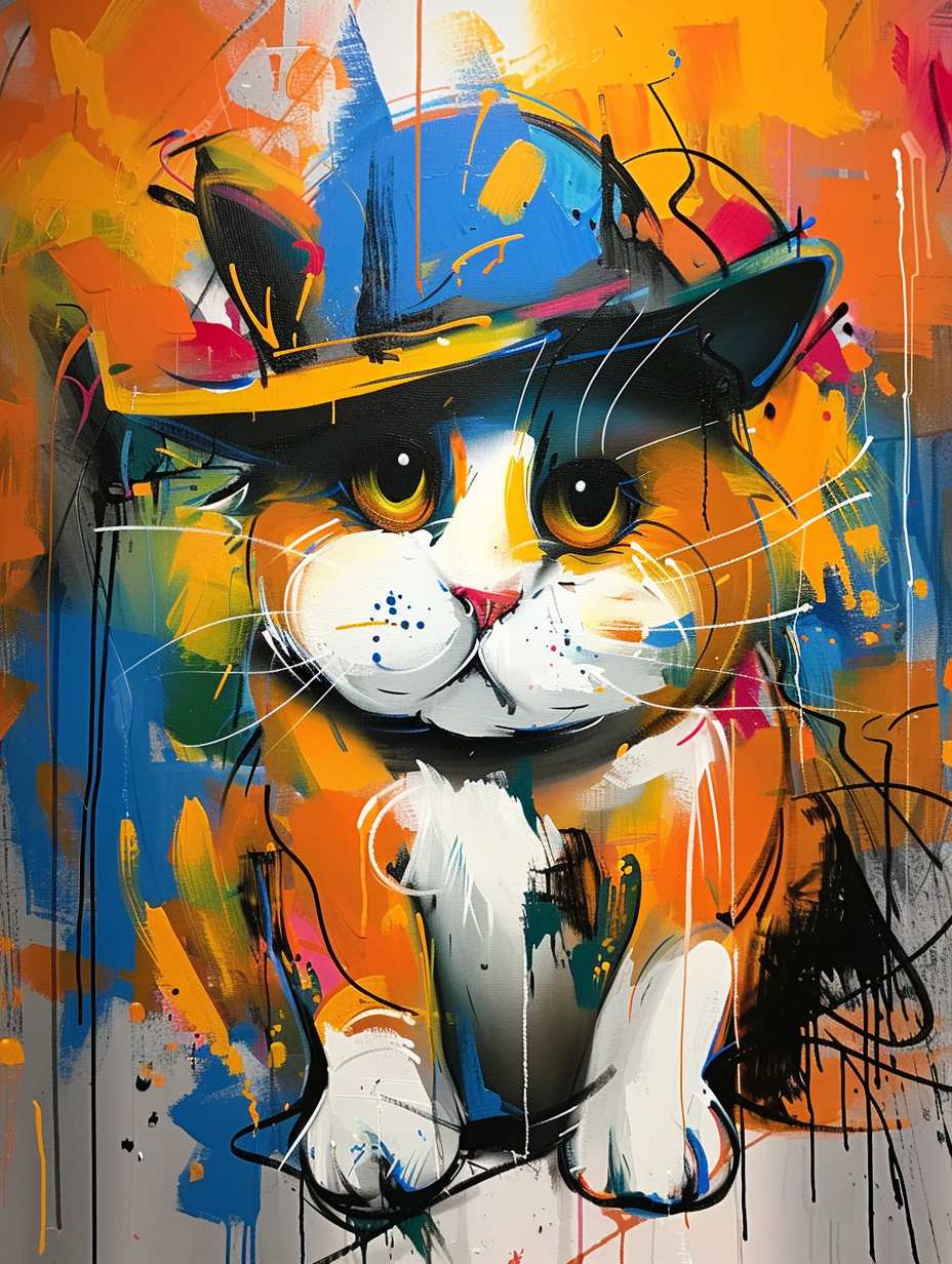 Colorful space Norwegian Forest Cat cat with a hat Expressive surreal Poster # F025375