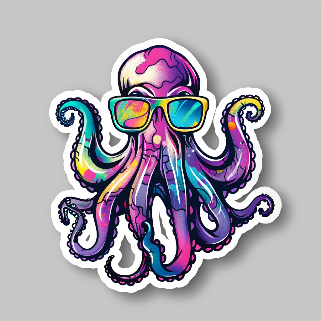 Sticker of a Octopus wearing sunglasses majestic Expressive surreal Vinyl Decal Sticker for Car, Laptop, Tumbler and more # F015422