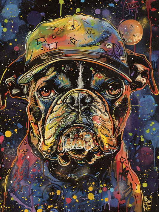 Colorful space Bulldog dog with a hat Expressive surreal Poster # F025163