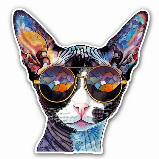 Cornish Rex Cat wearing sunglasses Expressive surreal Vinyl Decal Sticker for Car, Laptop, Tumbler and more # F020750-4" x 4"
