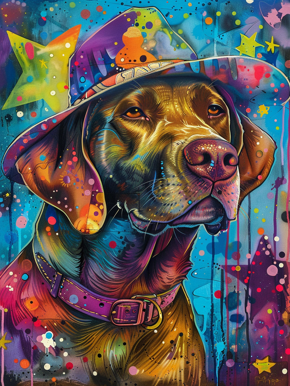 colorful space Labrador Retriever dog with a hat Expressive surreal Poster # F025159
