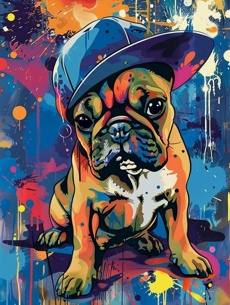 Colorful space Bulldog dog with a hat Expressive surreal Poster # F025426
