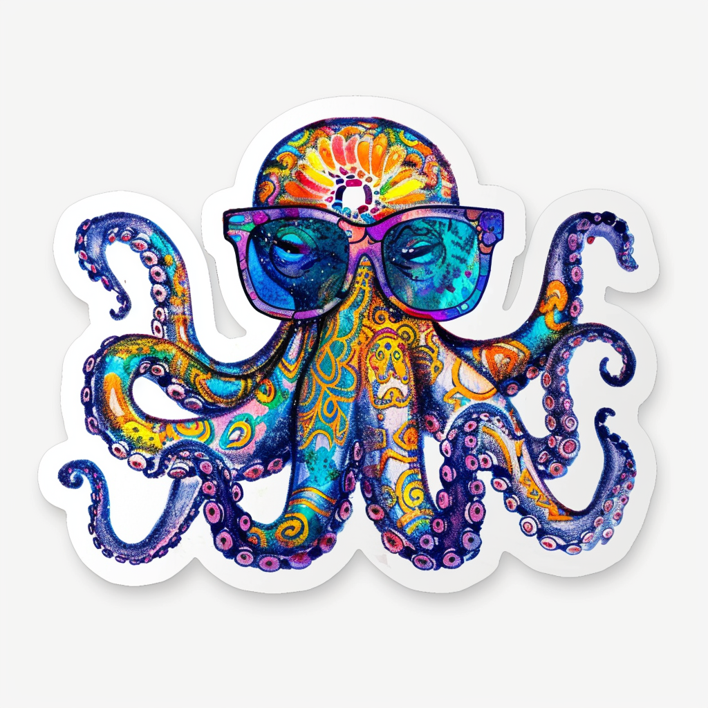 Sticker of a Octopus wearing sunglasses majestic Expressive surreal Vinyl Decal Sticker for Car, Laptop, Tumbler and more # F015409