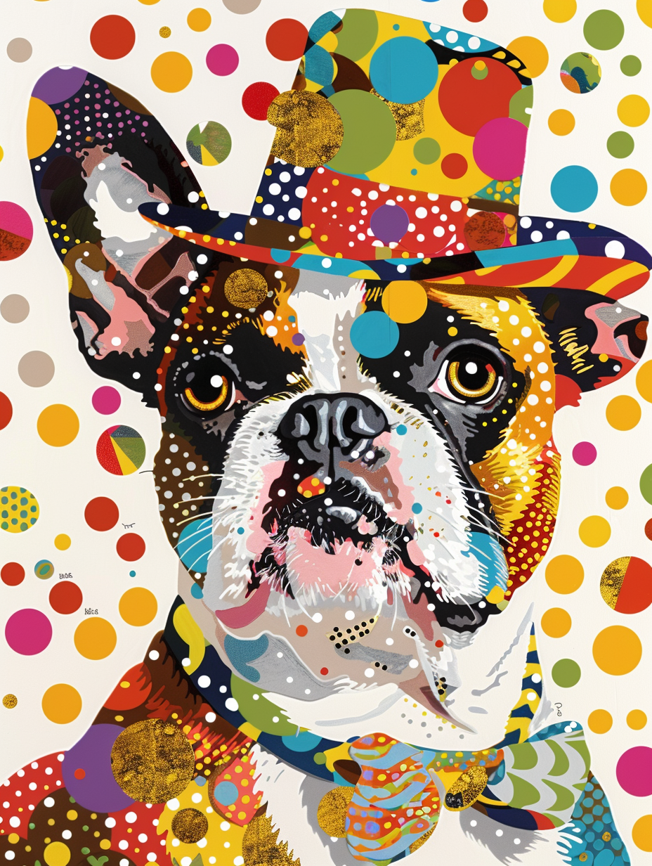 colorful space Boston Terrier dog with a hat Expressive surreal Poster # F025013