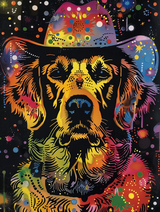 Colorful space Golden Retriever dog with a hat Expressive surreal Poster # F025580