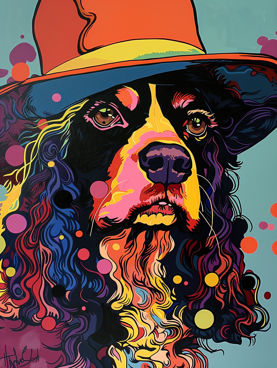 Colorful space Cocker Spaniel dog with a hat Expressive surreal Poster # F024418