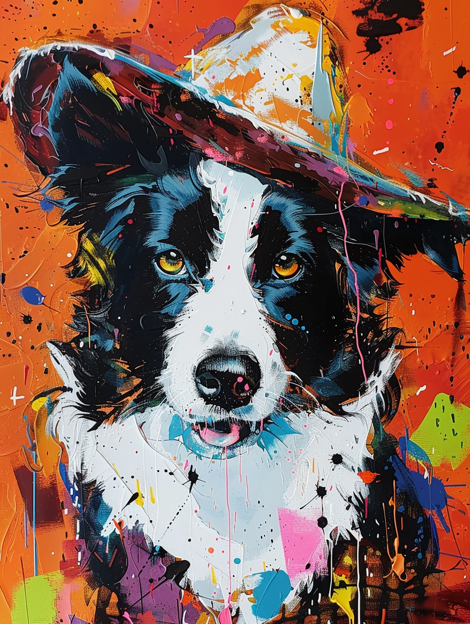 Colorful space Border Collie dog with a hat Expressive surreal Poster # F025137
