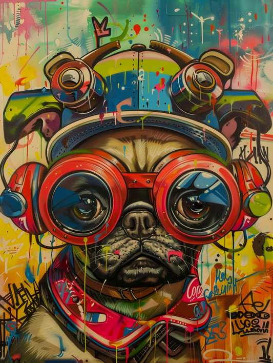 Colorful space Pug dog with a hat Expressive surreal Poster # F024919