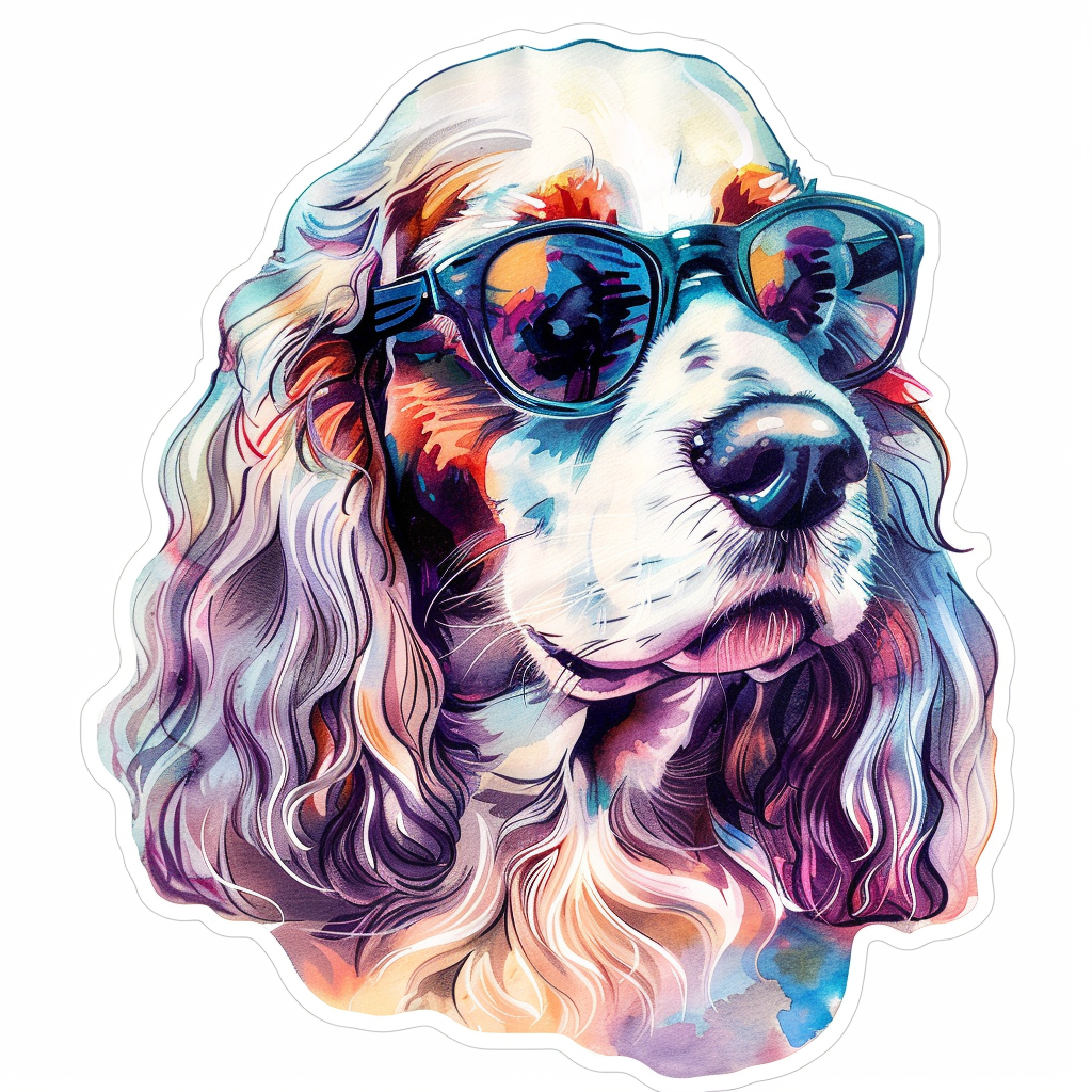 Sticker of a Cocker Spaniel Dog wearing sunglasses Expressive surreal Vinyl Decal Sticker for Car, Laptop, Tumbler and more # F020128