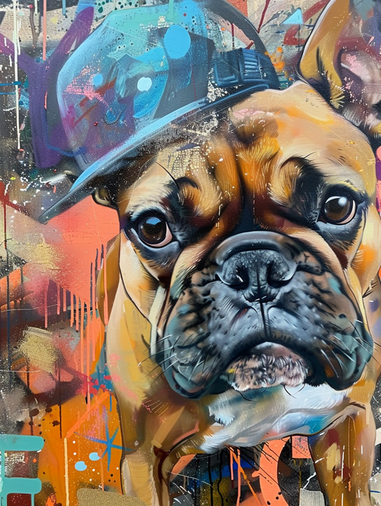 Colorful space Bulldog dog with a hat Expressive surreal Poster # F024898