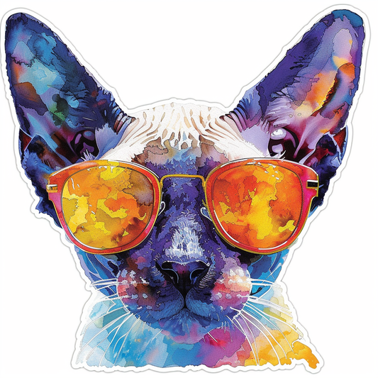 Cornish Rex Cat wearing sunglasses Expressive surreal Vinyl Decal Sticker for Car, Laptop, Tumbler and more # F020742-4" x 4"