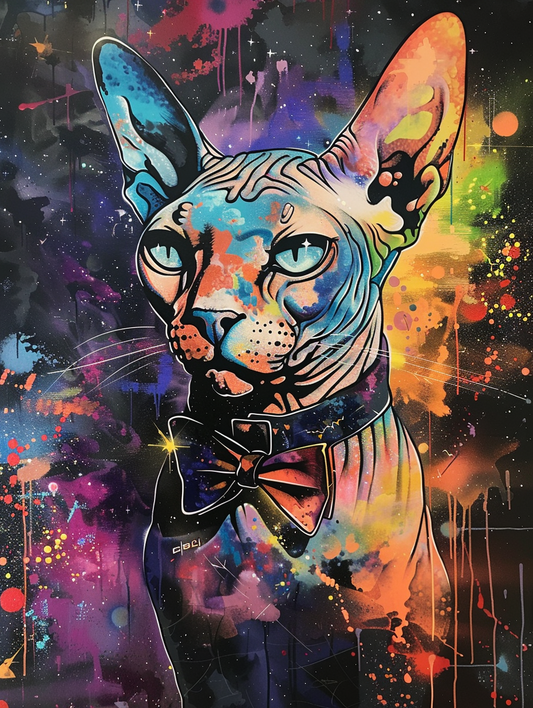 Colorful space Sphynx cat with a bow tie Expressive surreal Poster # F024379