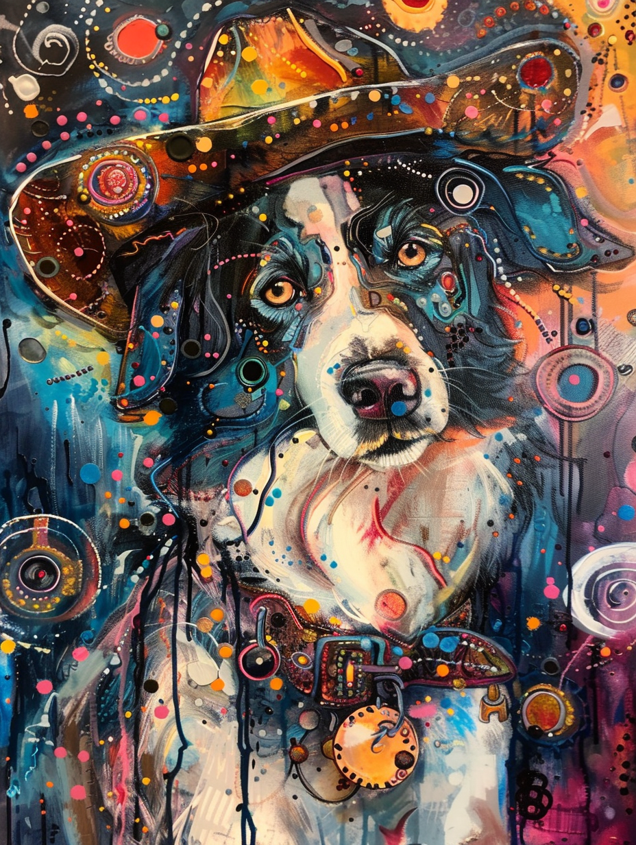 Colorful space Border Collie dog with a hat Expressive surreal Poster # F024552