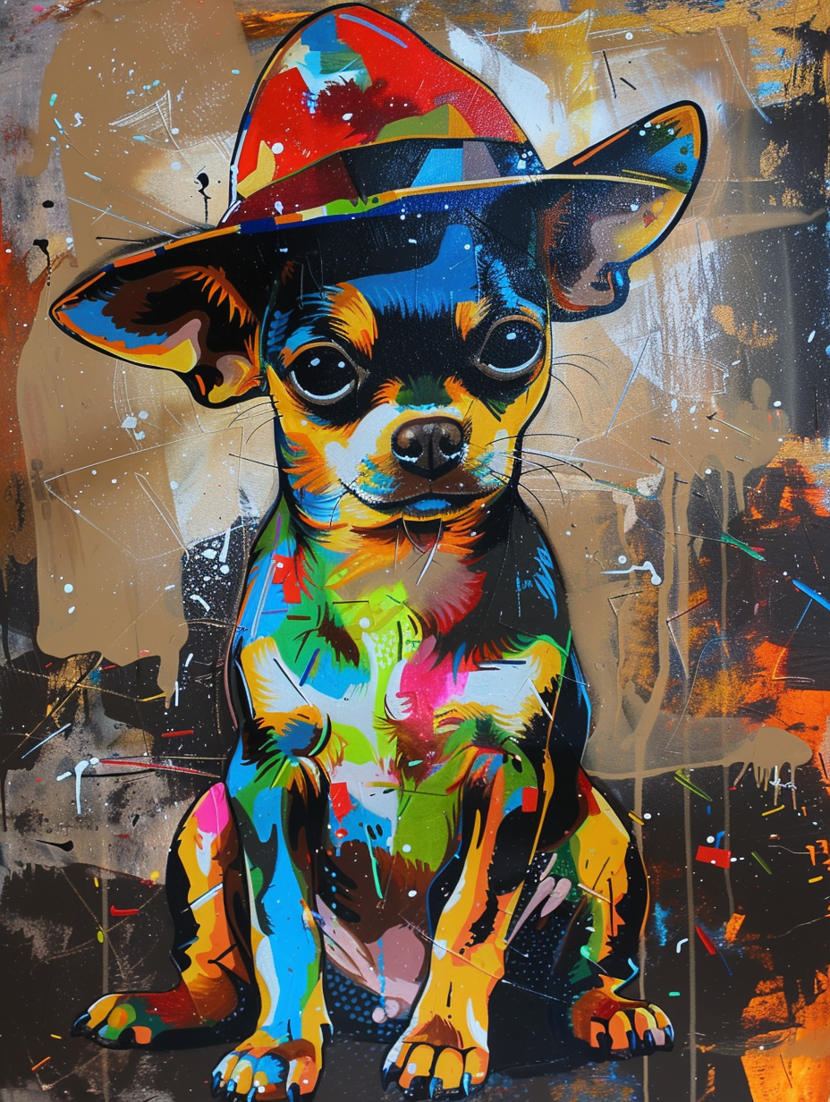 Colorful space Chihuahua dog with a hat Expressive surreal Poster # F025004