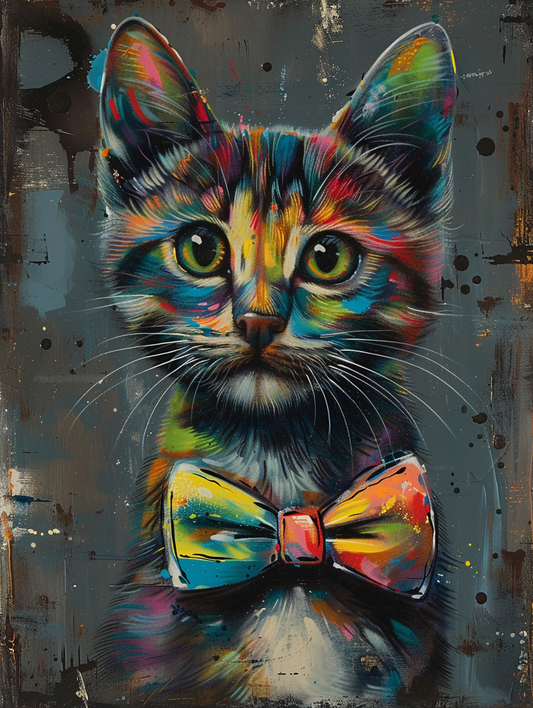 Colorful space Bengal cat with a bow tie Expressive surreal Poster # F024383