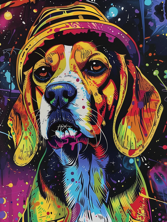 Colorful space Beagle dog with a hat Expressive surreal Poster # F025026