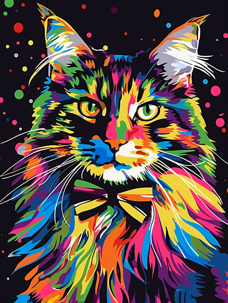 Colorful space Norwegian Forest Cat cat with a bow Expressive surreal Poster # F024397