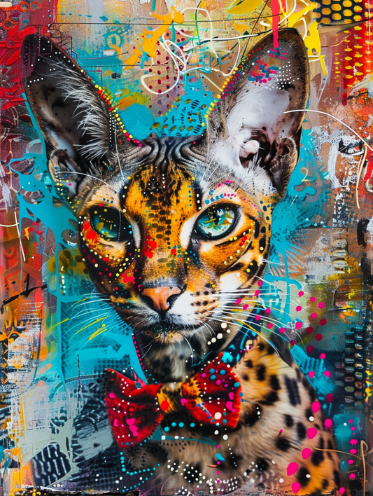 Colorful space Savannah cat with a bow tie Expressive surreal Poster # F024335