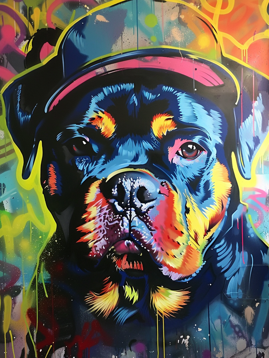 Colorful space Rottweiler dog with a hat Expressive surreal Poster # F024967