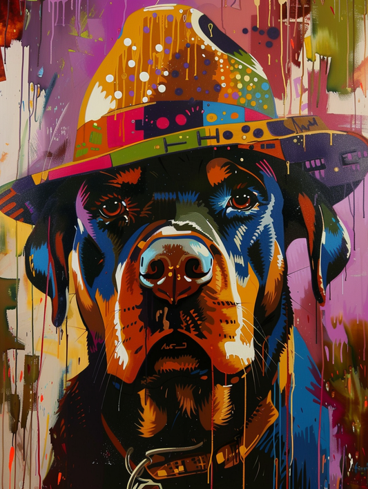 Colorful space Rottweiler dog with a hat Expressive surreal Poster # F024535