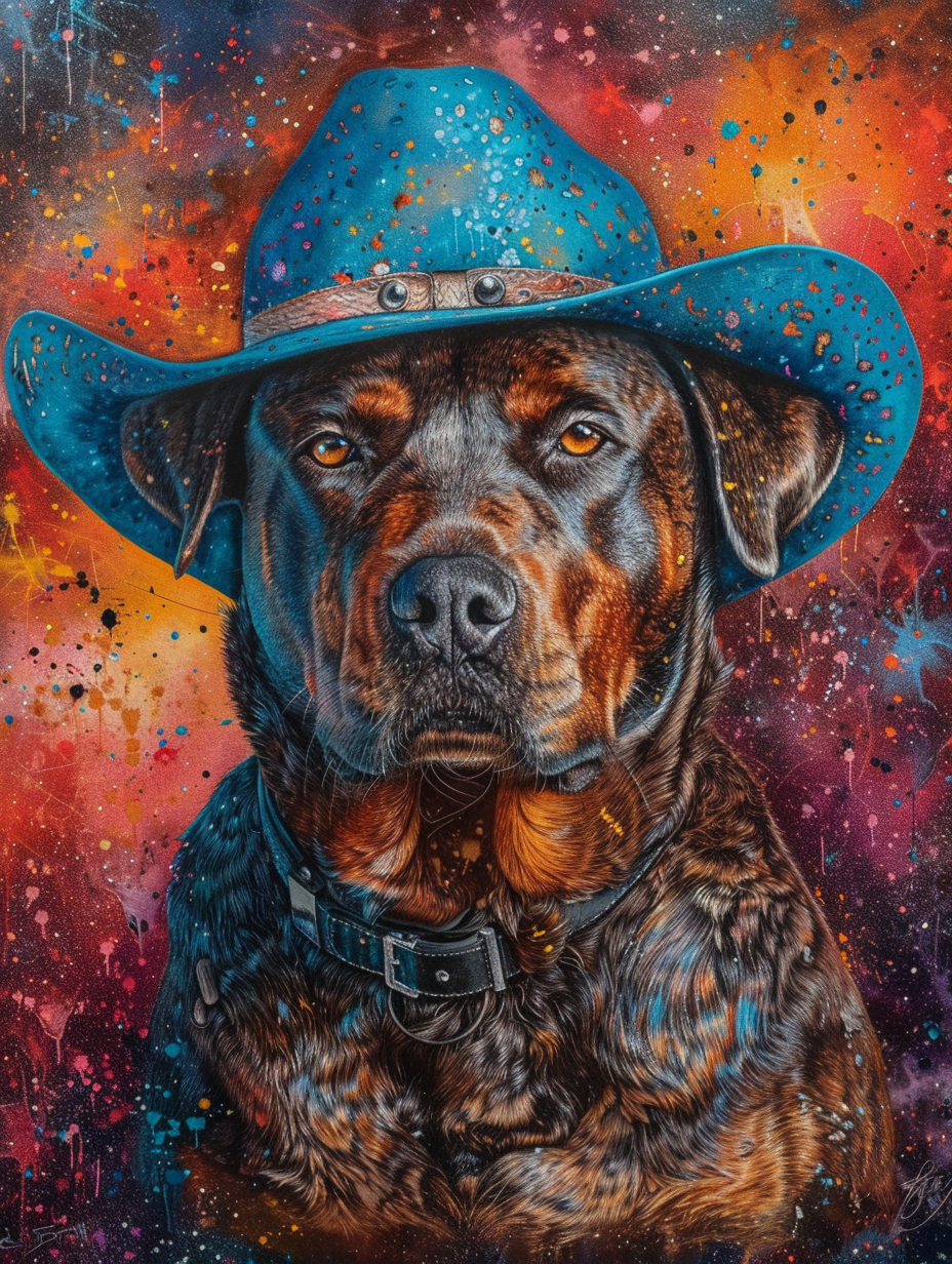 Colorful space Rottweiler dog with a hat Expressive surreal Poster # F025064