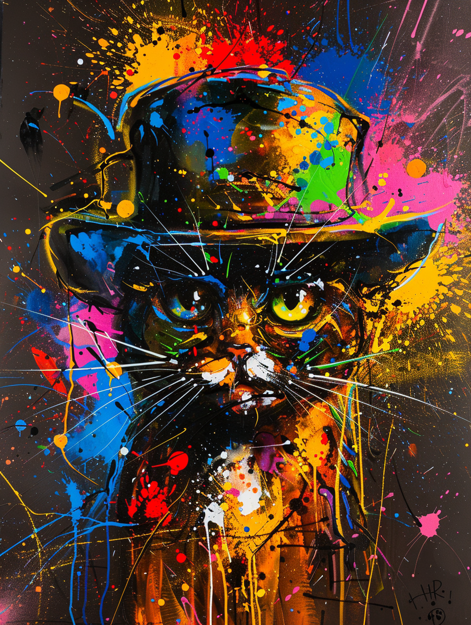 Colorful space Bengal cat with a hat Expressive surreal Poster # F025315