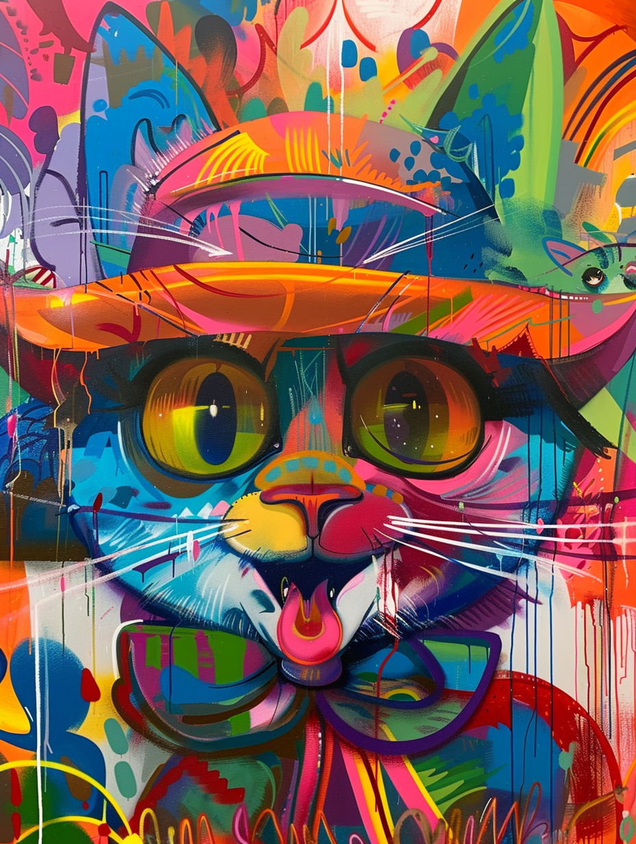 colorful space Maine Coon cat with a hat Expressive surreal Poster # F025289