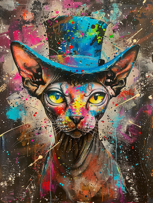 Colorful space Sphynx cat with a hat Expressive surreal Poster # F025296