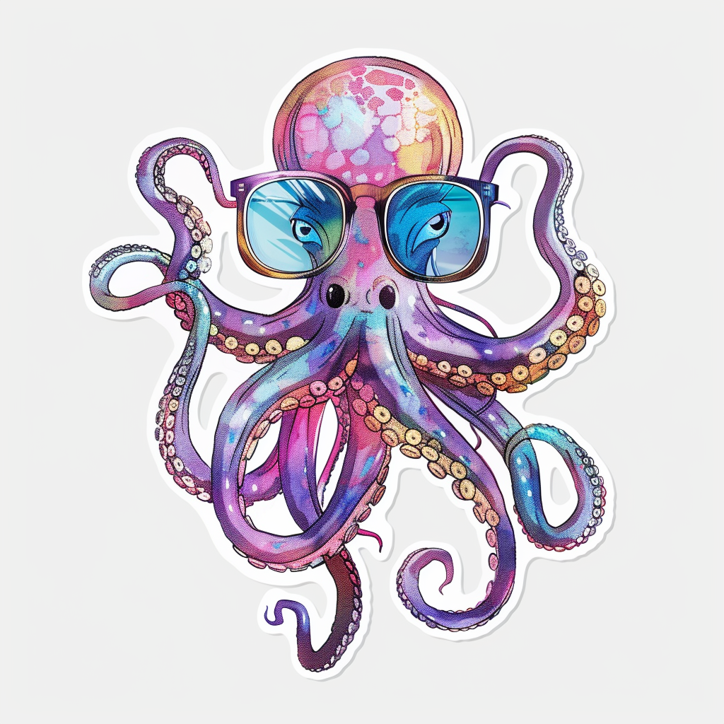 Sticker of a Octopus wearing sunglasses majestic Expressive surreal Vinyl Decal Sticker for Car, Laptop, Tumbler and more # F015380
