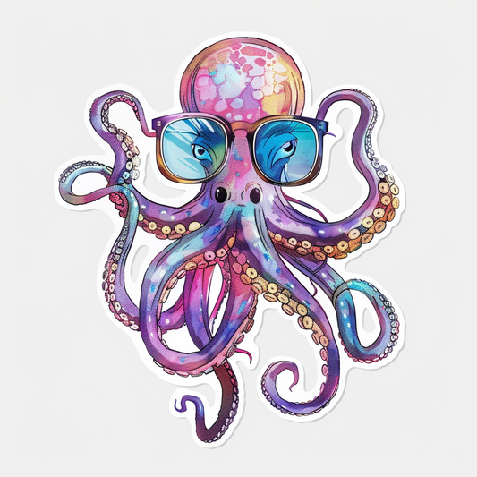 Sticker of a Octopus wearing sunglasses majestic Expressive surreal Vinyl Decal Sticker for Car, Laptop, Tumbler and more # F015380