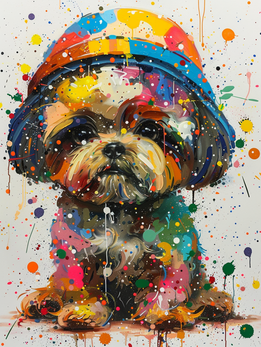 Colorful space Shih Tzu dog with a hat Expressive surreal Poster # F025461