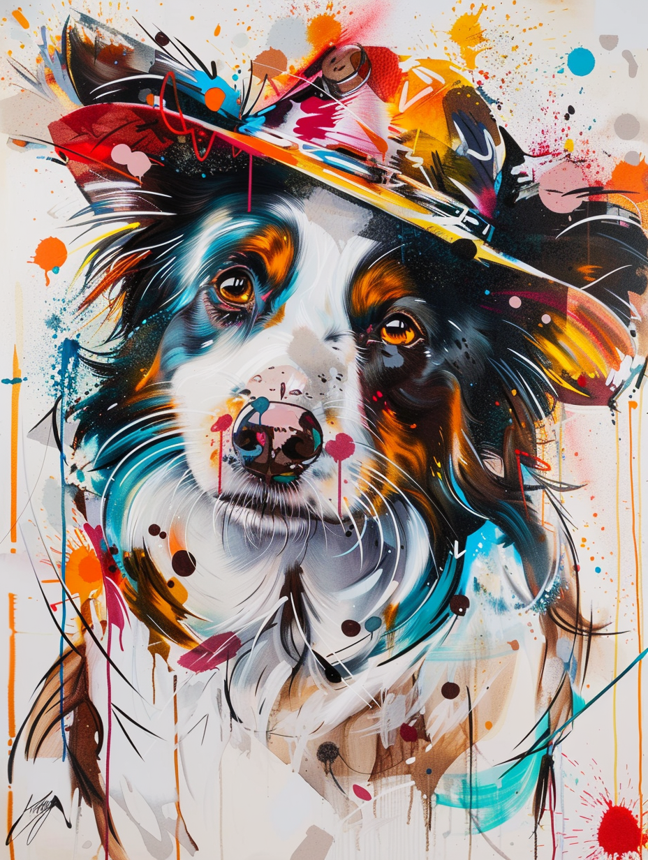 Colorful space Border Collie dog with a hat Expressive surreal Poster # F024617