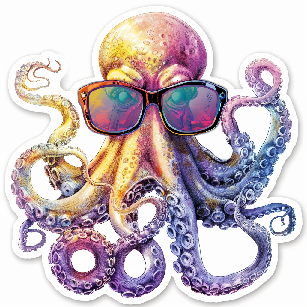 Sticker of a Octopus wearing sunglasses majestic Expressive surreal Vinyl Decal Sticker for Car, Laptop, Tumbler and more # F015383