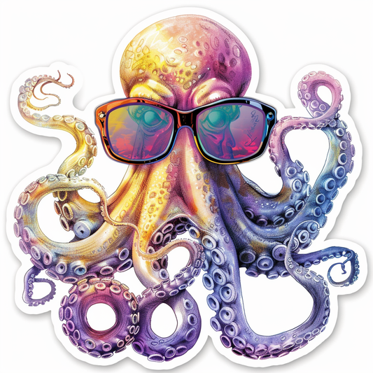 Sticker of a Octopus wearing sunglasses majestic Expressive surreal Vinyl Decal Sticker for Car, Laptop, Tumbler and more # F015383