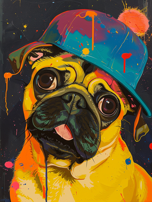 Colorful space Pug dog with a hat Expressive surreal Poster # F025006