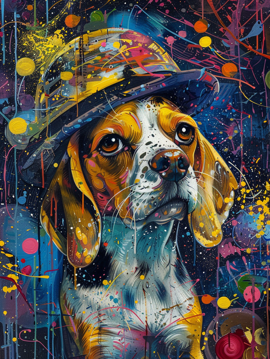 colorful space Beagle dog with a hat Expressive surreal Poster # F025621
