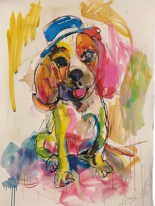 Colorful space Beagle dog with a hat Expressive surreal Poster # F024529