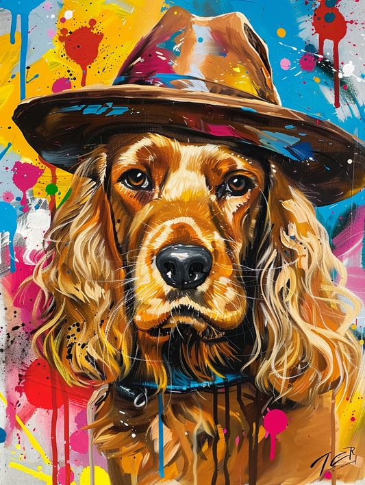 Colorful space Cocker Spaniel dog with a hat Expressive surreal Poster # F024547