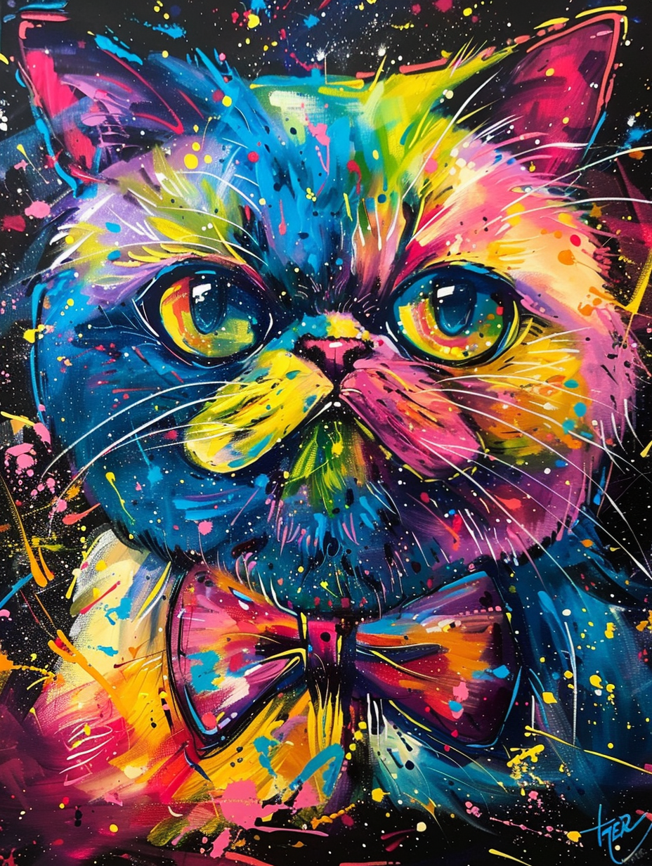 Colorful space Himalayan cat with a bow tie Expressive surreal Poster # F024291