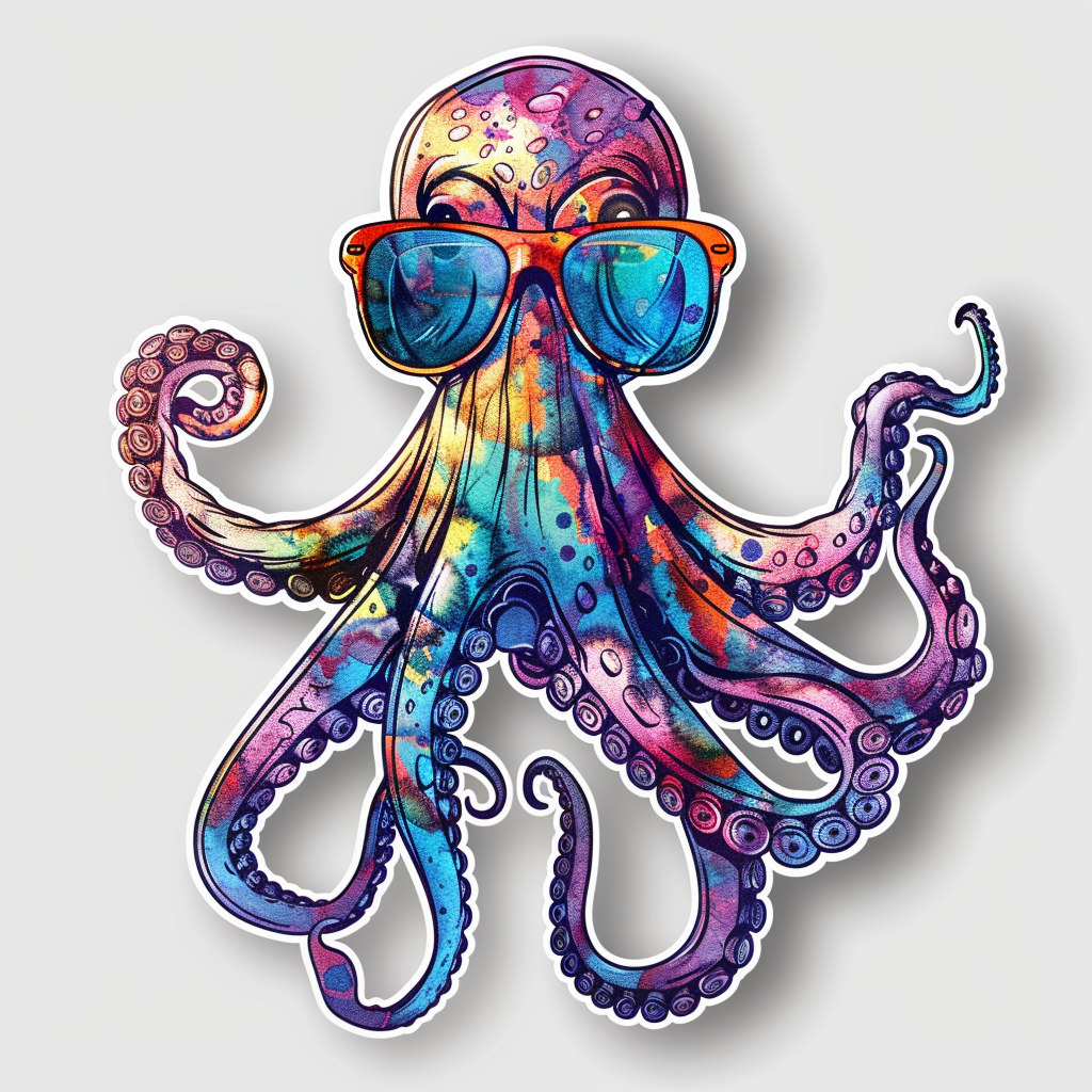 Sticker of a Octopus wearing sunglasses majestic Expressive surreal Vinyl Decal Sticker for Car, Laptop, Tumbler and more # F015377