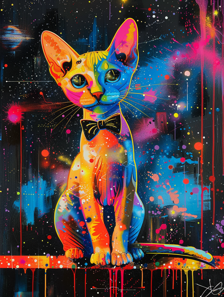 Colorful space Somali cat with a bow tie Expressive surreal Poster # F024327