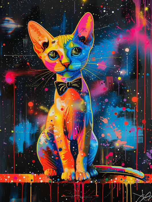 Colorful space Somali cat with a bow tie Expressive surreal Poster # F024327