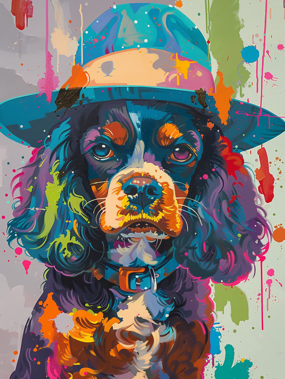 Colorful space Cocker Spaniel dog with a hat Expressive surreal Poster # F024554