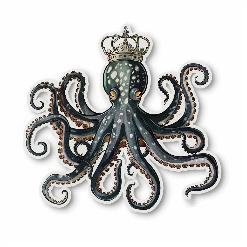 Sticker of a Octopus crowned majestic Expressive surreal Vinyl Decal Sticker for Car, Laptop, Tumbler and more # F015524