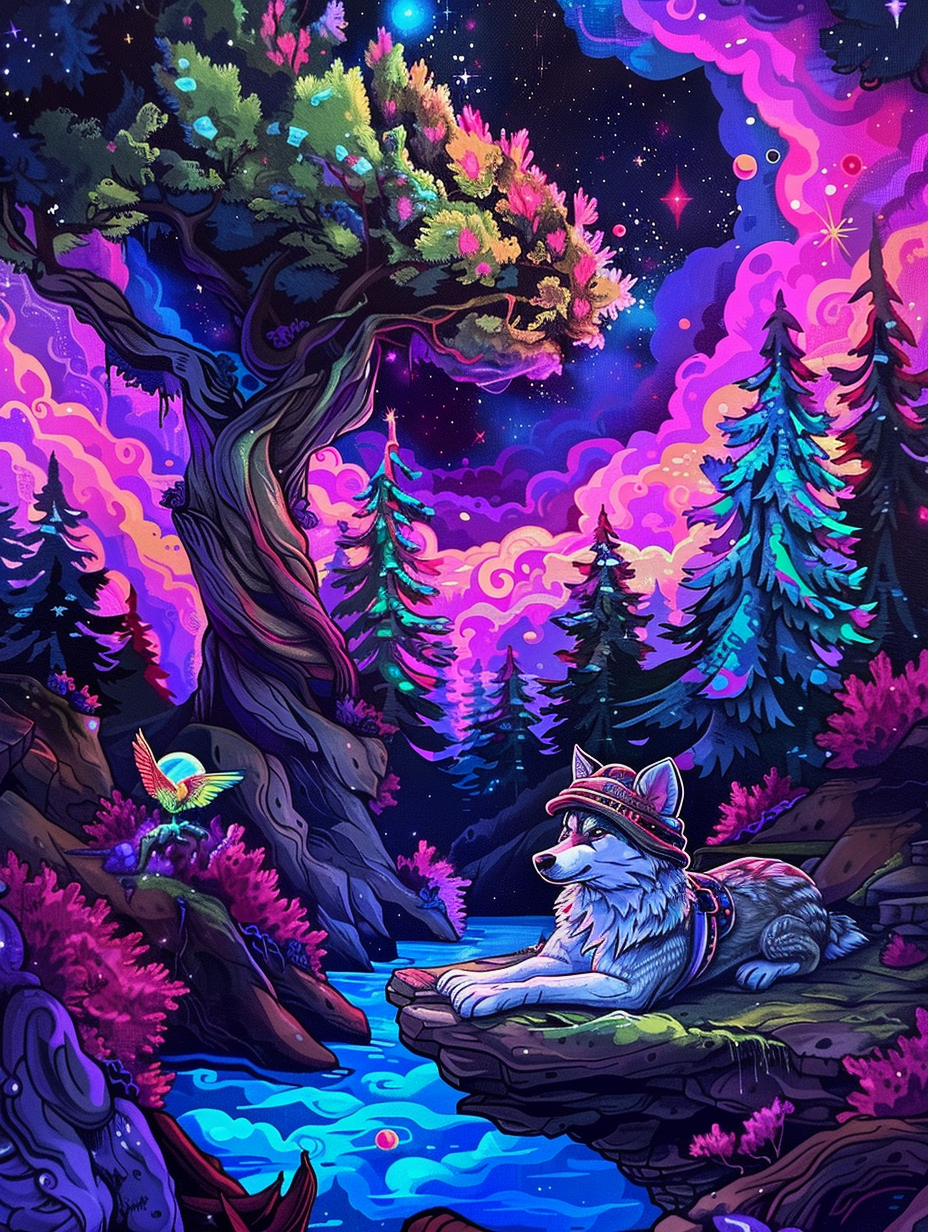 Colorful space Siberian Husky dog with a hat Expressive surreal Poster # F024941