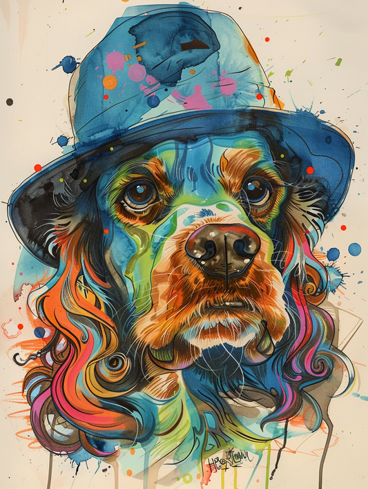 Colorful space Cocker Spaniel dog with a hat Expressive surreal Poster # F024918
